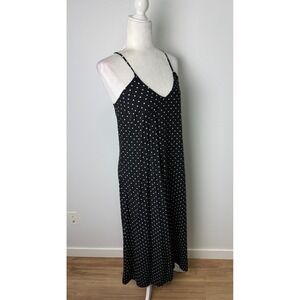 Polka Dot Maxi Slip Dress Black White V-Neck Adjustable Cross Back Straps